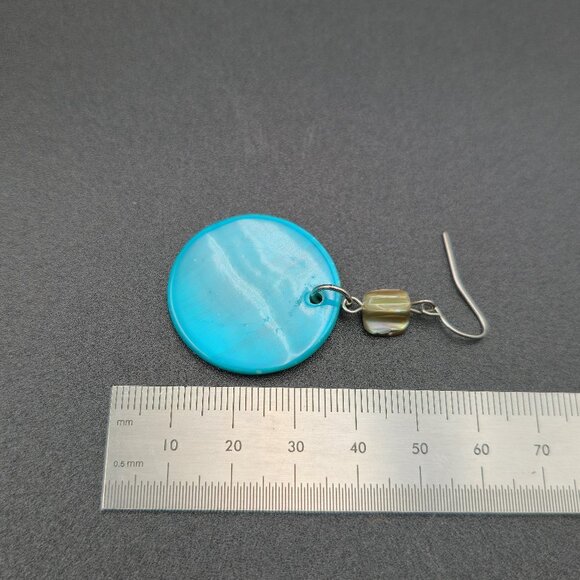 Silver Plated Circle Blue Shell Dangle Earrings A6318 - Picture 4 of 5